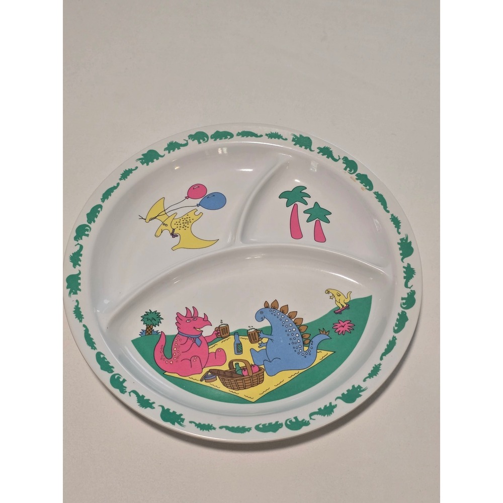 Vintage Dinosaur Picnic Divided Melamine Plate White Kids Toddler Tray Sectioned